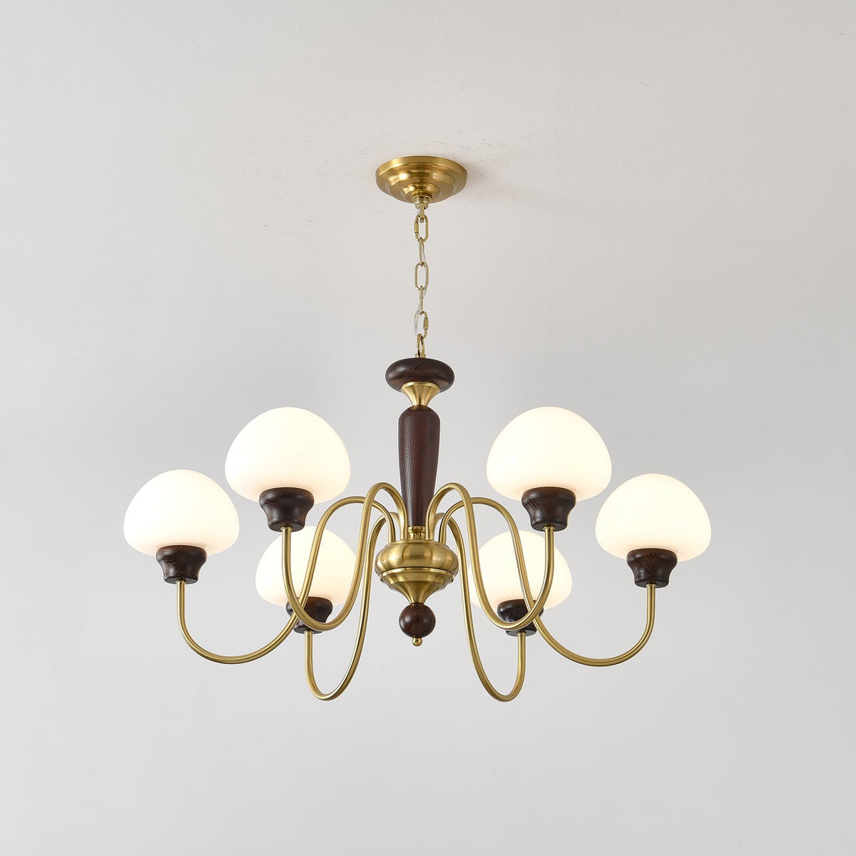 Mushroom Cap Chandelier in Walnut and Gold with Opal Glass Shades