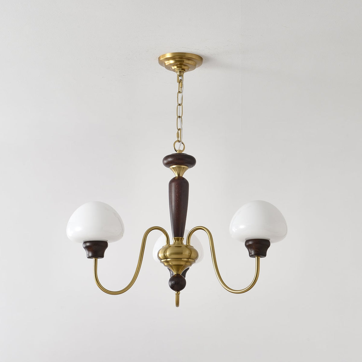 Mushroom Cap Chandelier in Walnut and Gold with Opal Glass Shades