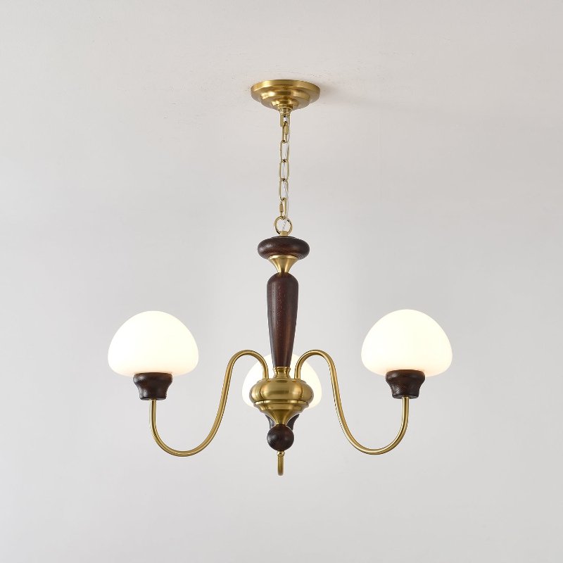 Mushroom Cap Chandelier in Walnut and Gold with Opal Glass Shades