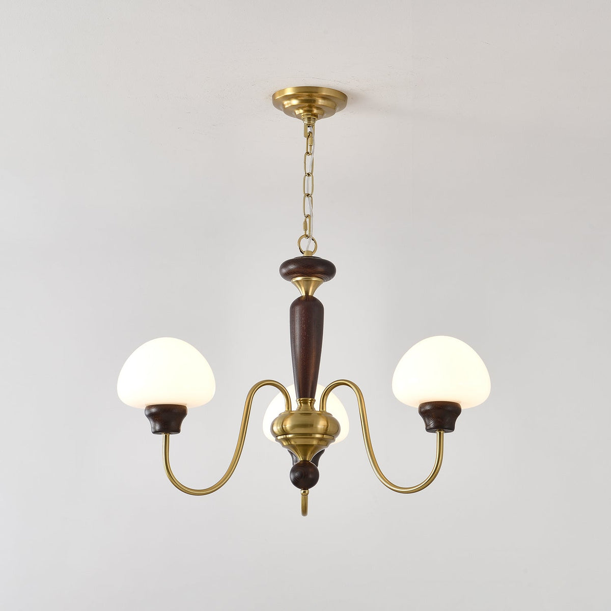 Mushroom Cap Chandelier in Walnut and Gold with Opal Glass Shades