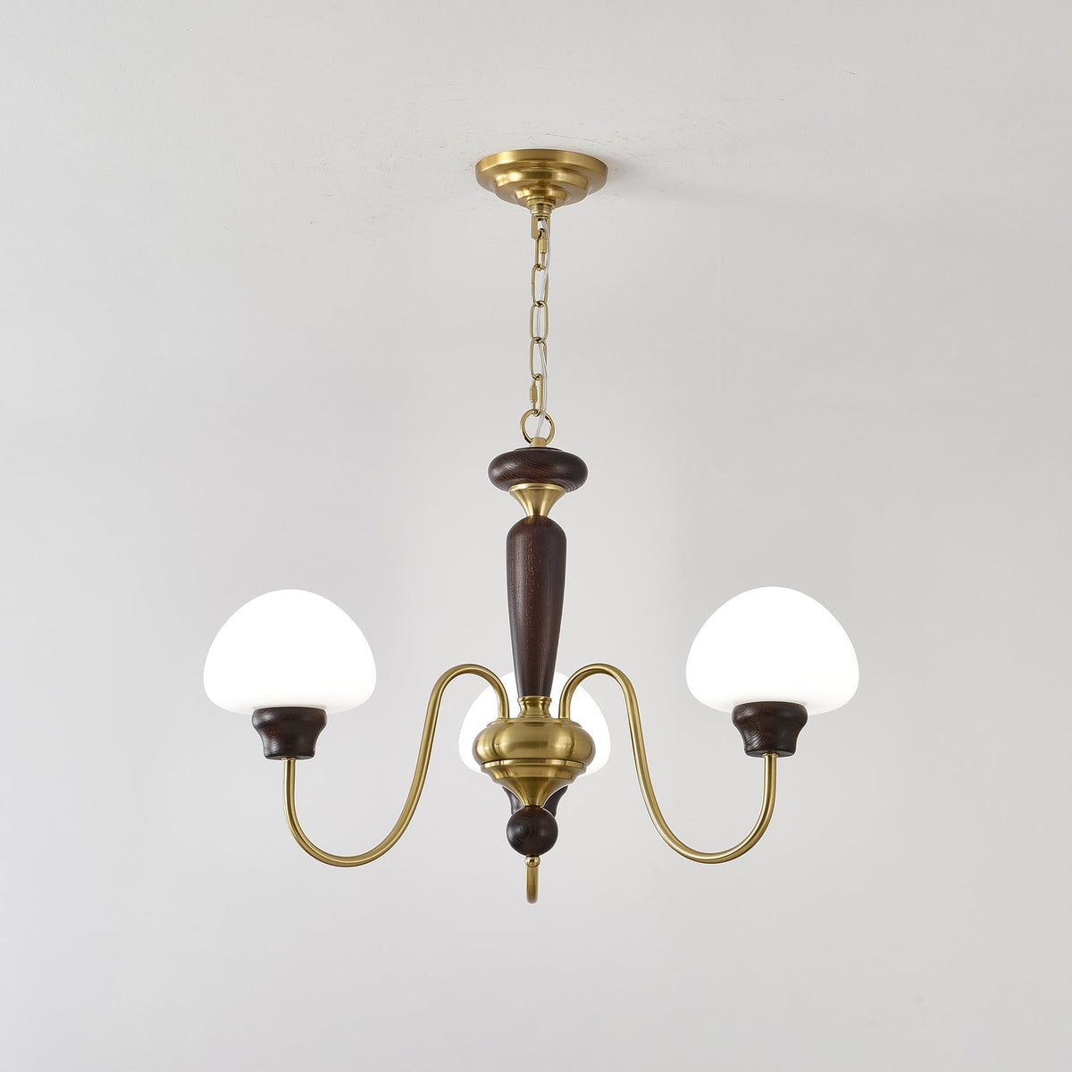Mushroom Cap Chandelier in Walnut and Gold with Opal Glass Shades