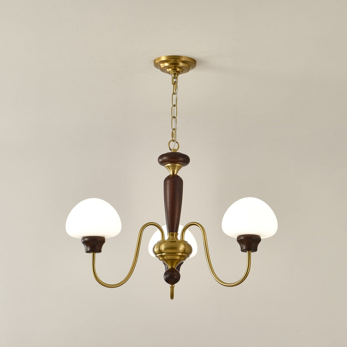 Mushroom Cap Chandelier in Walnut and Gold with Opal Glass Shades