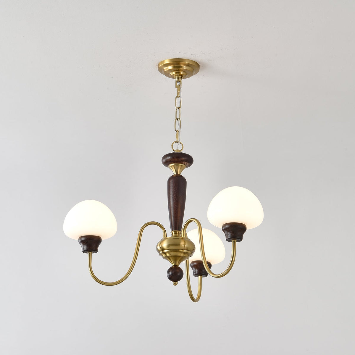 Mushroom Cap Chandelier in Walnut and Gold with Opal Glass Shades