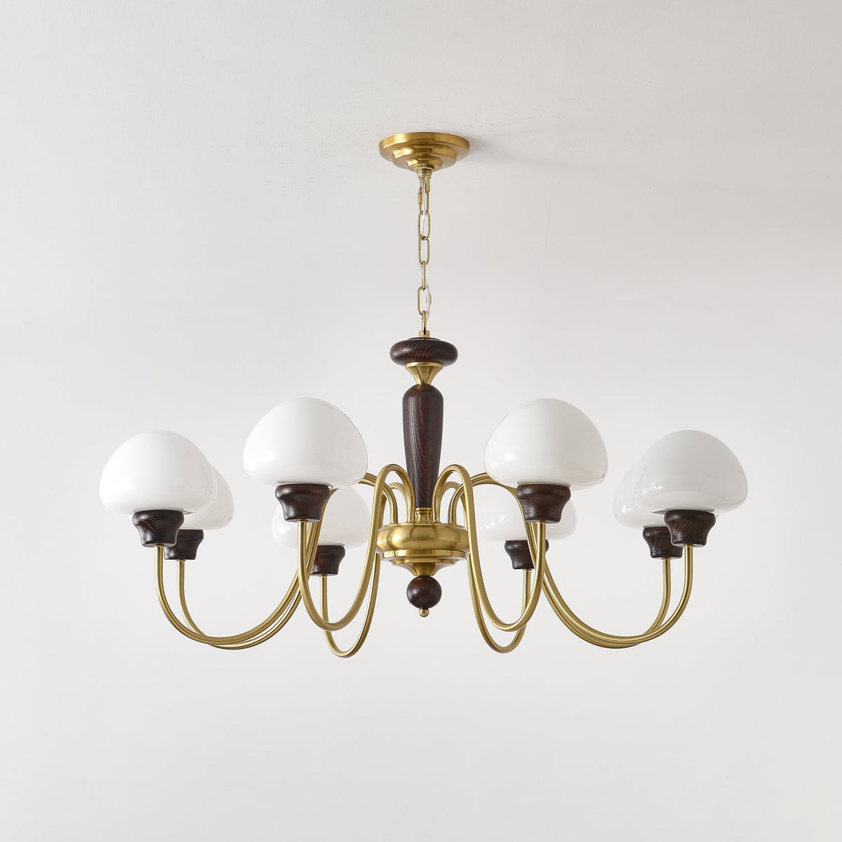 Mushroom Cap Chandelier in Walnut and Gold with Opal Glass Shades