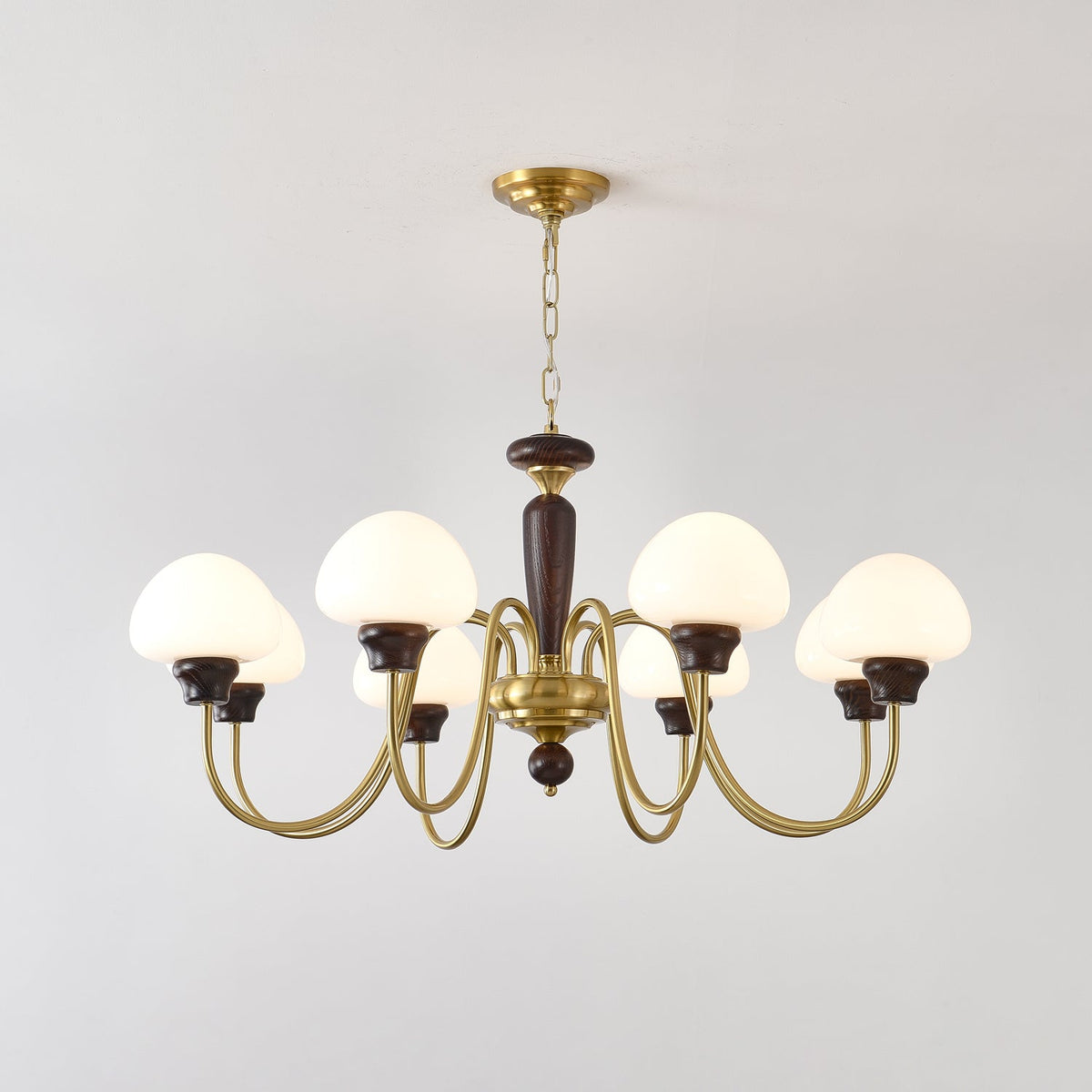 Mushroom Cap Chandelier in Walnut and Gold with Opal Glass Shades