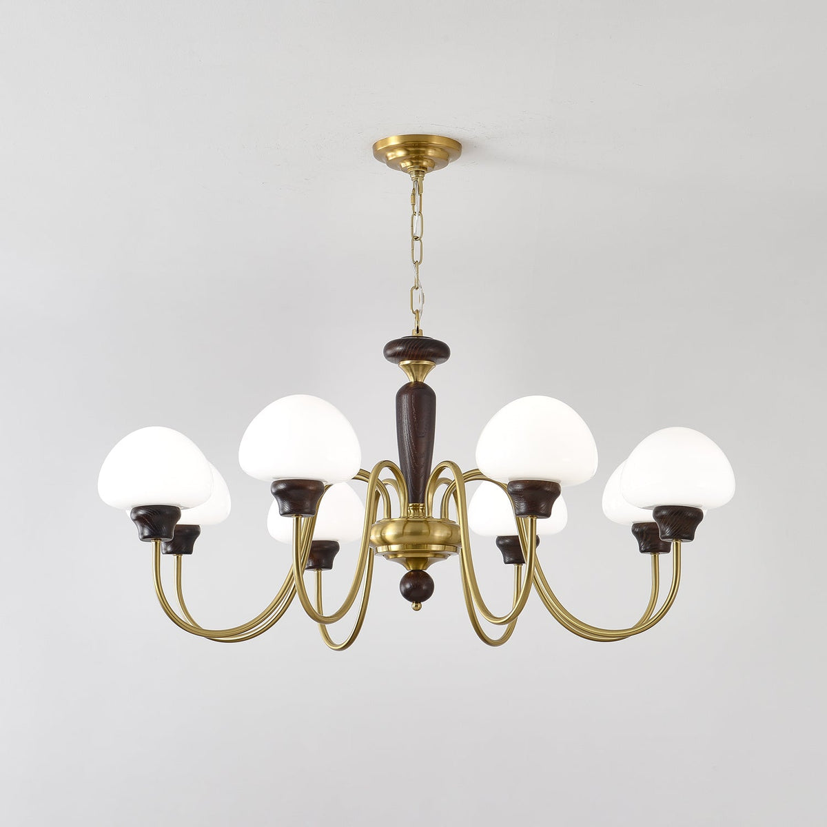 Mushroom Cap Chandelier in Walnut and Gold with Opal Glass Shades