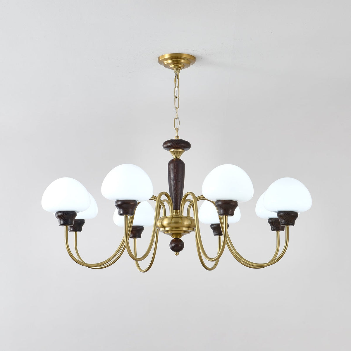 Mushroom Cap Chandelier in Walnut and Gold with Opal Glass Shades