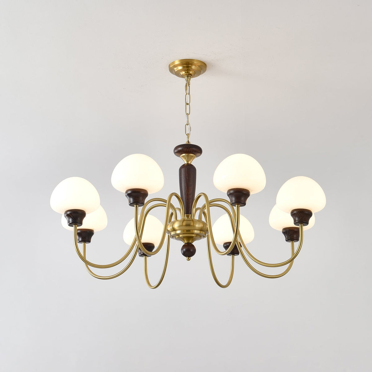 Mushroom Cap Chandelier in Walnut and Gold with Opal Glass Shades