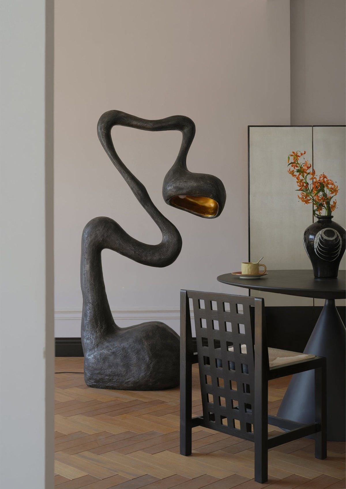 Myrrh Sculptural Floor Lamp in Matte Black with Gold Interior