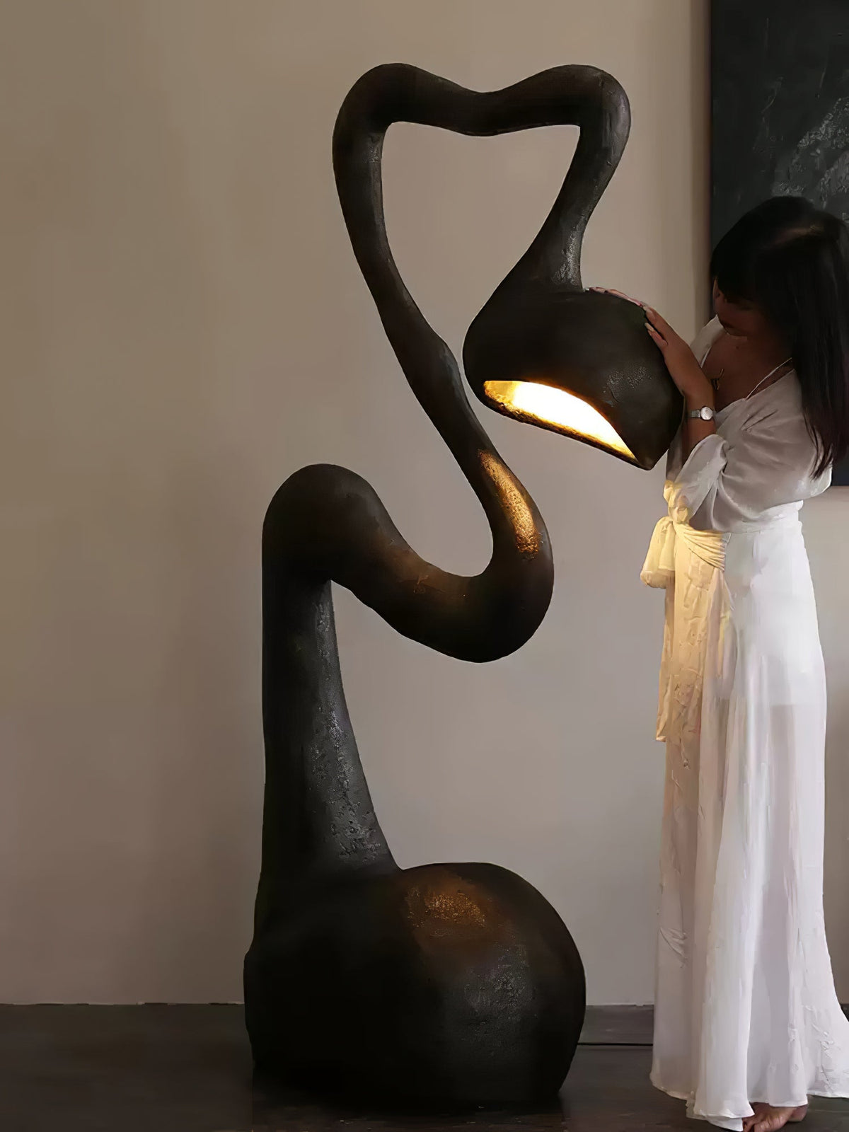 Myrrh Sculptural Floor Lamp in Matte Black with Gold Interior