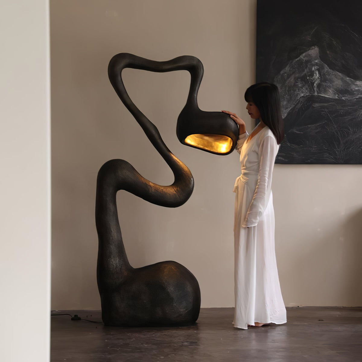 Myrrh Sculptural Floor Lamp in Matte Black with Gold Interior