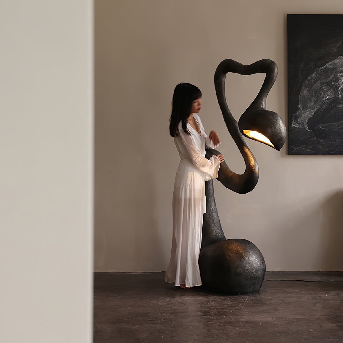 Myrrh Sculptural Floor Lamp in Matte Black with Gold Interior