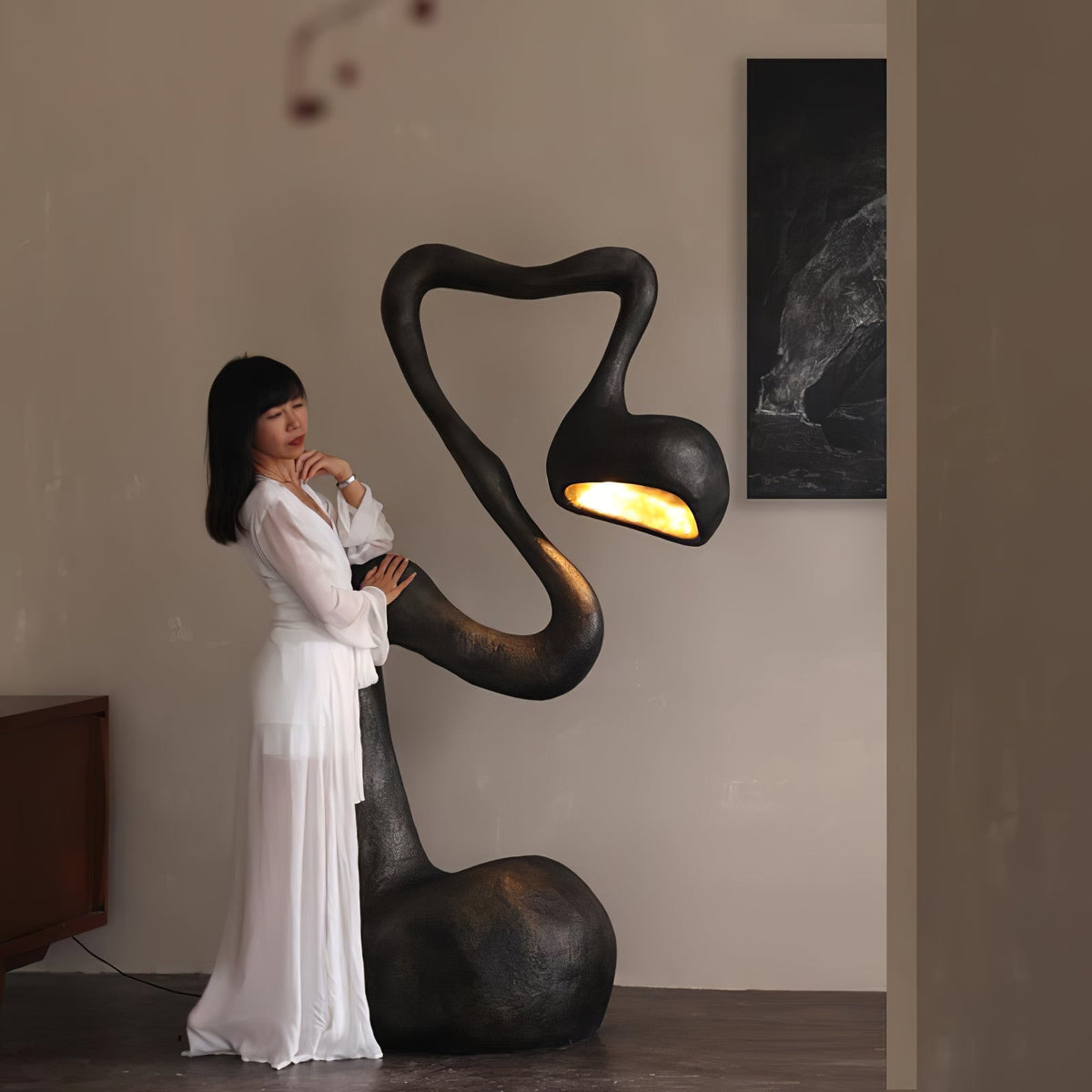 Myrrh Sculptural Floor Lamp in Matte Black with Gold Interior
