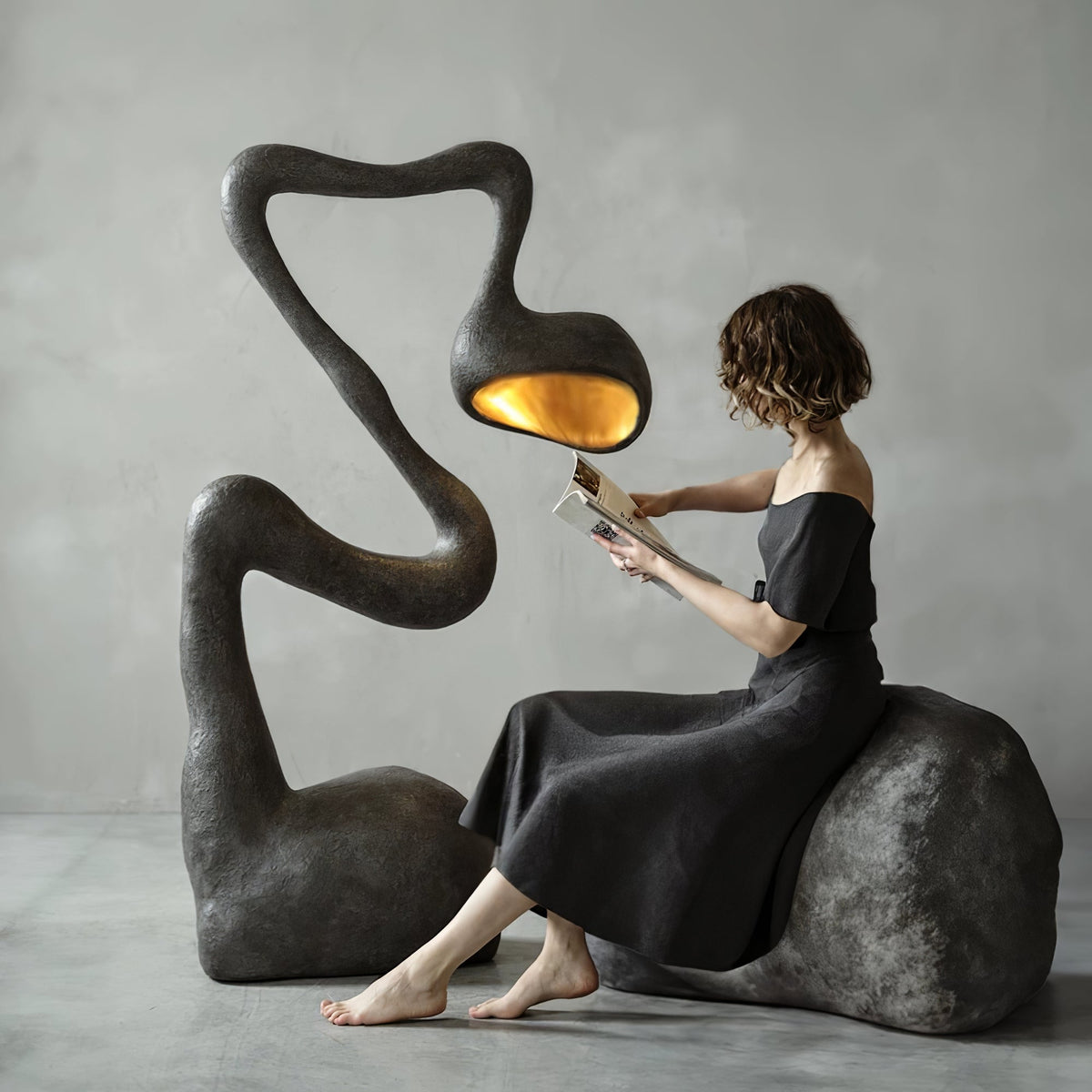 Myrrh Sculptural Floor Lamp in Matte Black with Gold Interior