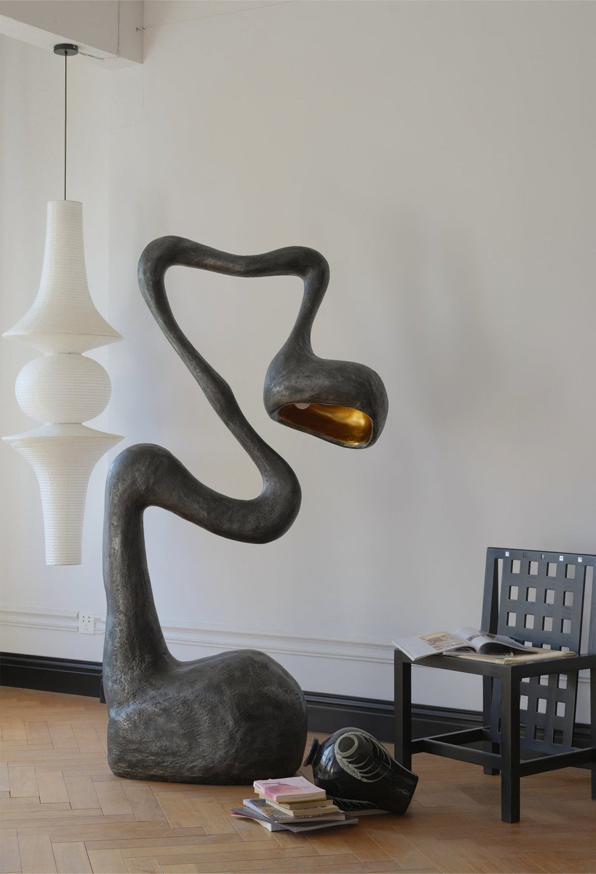 Myrrh Sculptural Floor Lamp in Matte Black with Gold Interior
