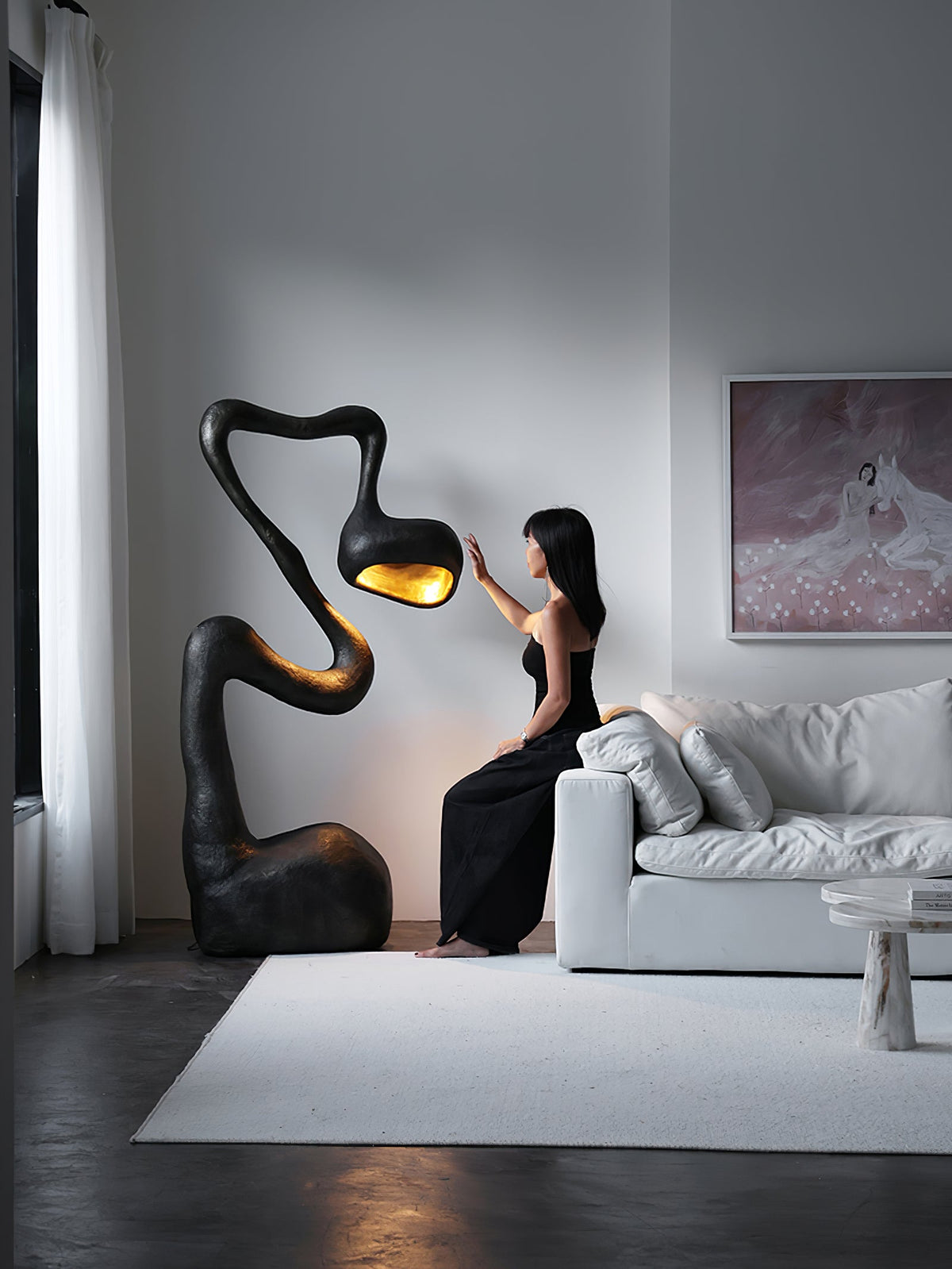 Myrrh Sculptural Floor Lamp in Matte Black with Gold Interior