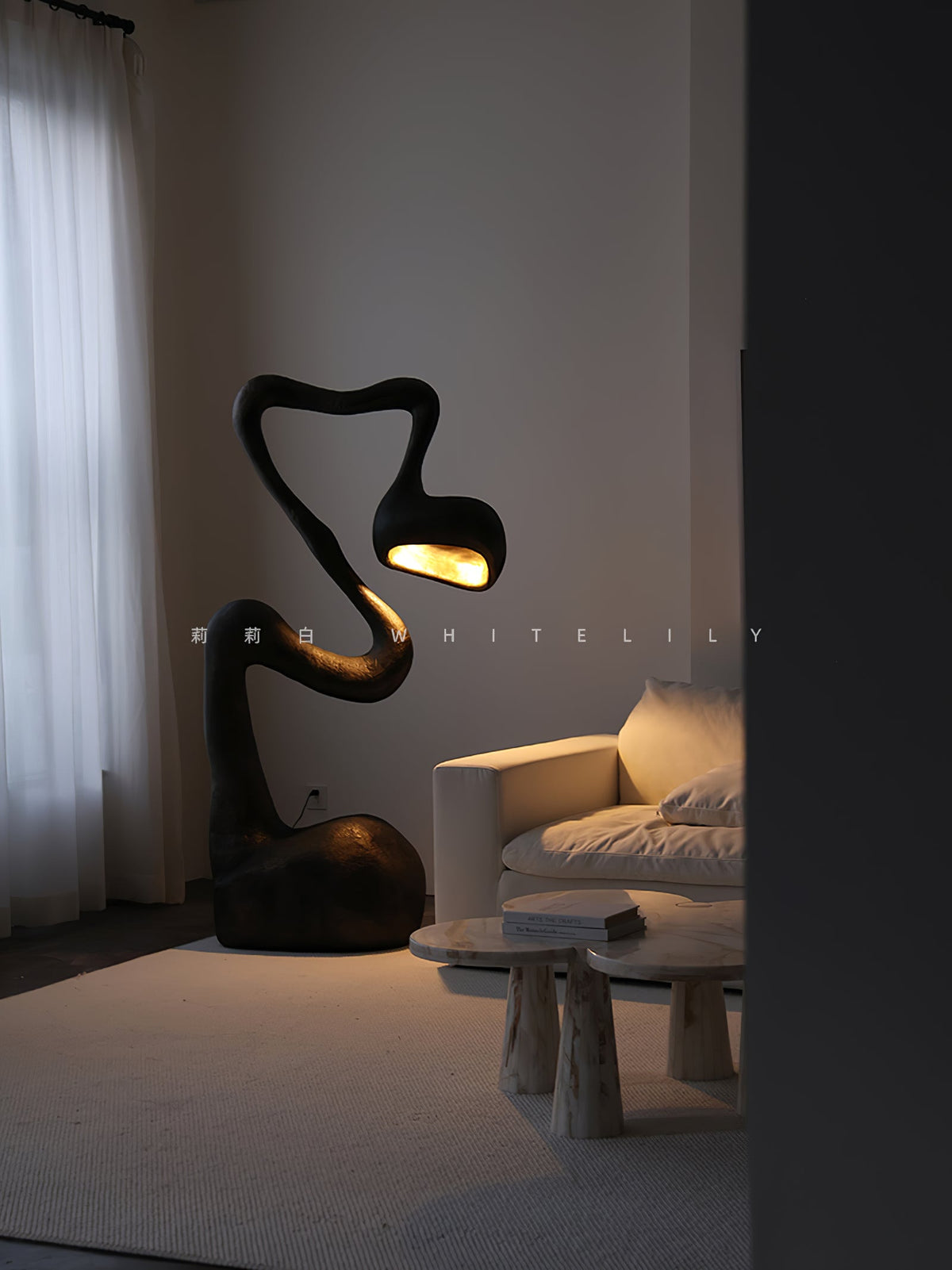 Myrrh Sculptural Floor Lamp in Matte Black with Gold Interior