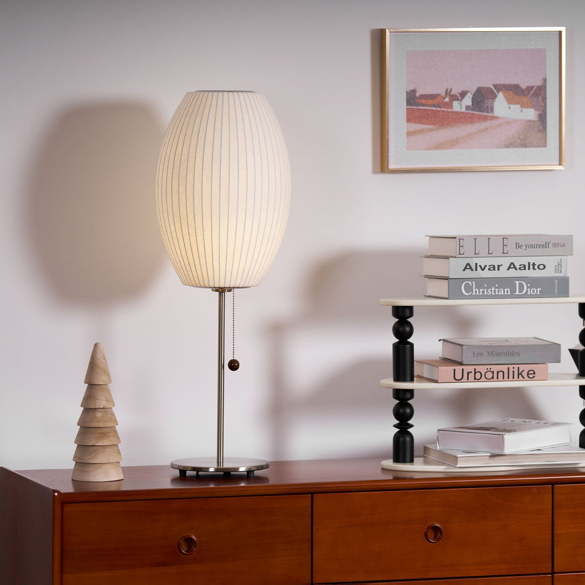 Faux Silk Bubble Table Lamp with Chrome Stem and Pull Chain