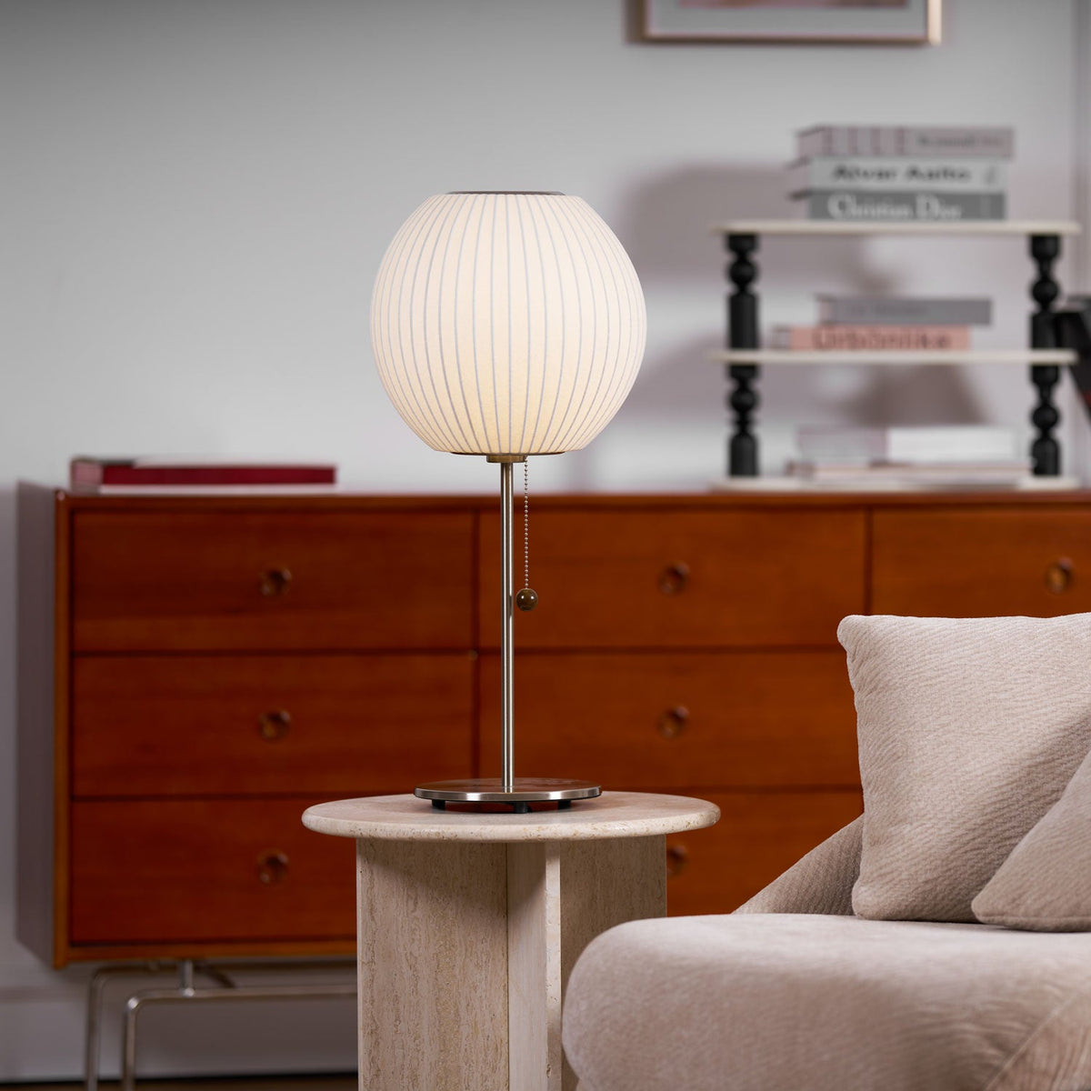 Faux Silk Bubble Table Lamp with Chrome Stem and Pull Chain