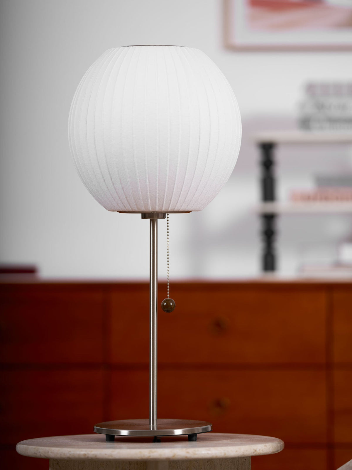 Faux Silk Bubble Table Lamp with Chrome Stem and Pull Chain