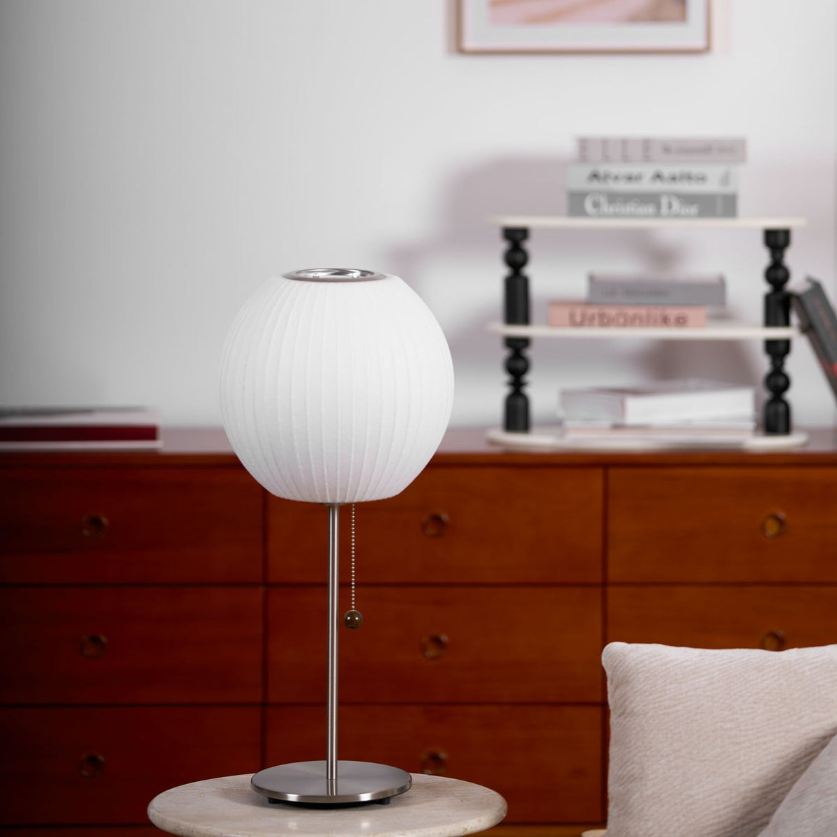 Faux Silk Bubble Table Lamp with Chrome Stem and Pull Chain