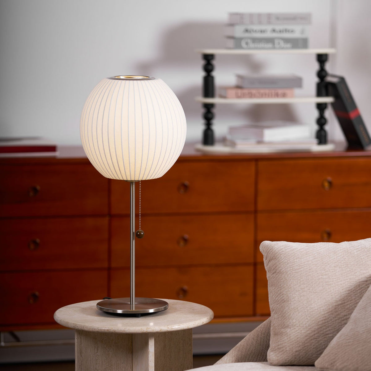 Faux Silk Bubble Table Lamp with Chrome Stem and Pull Chain