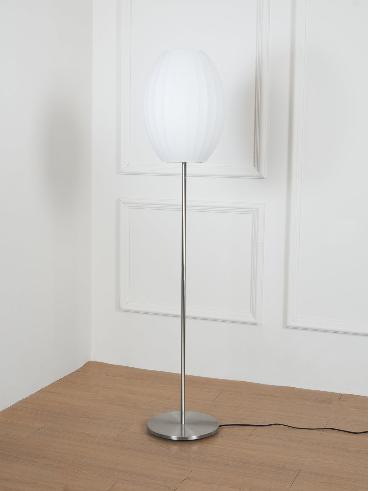 Lumina Spherical Floor Lamp – Handcrafted Silk Shade in Polished Chrome