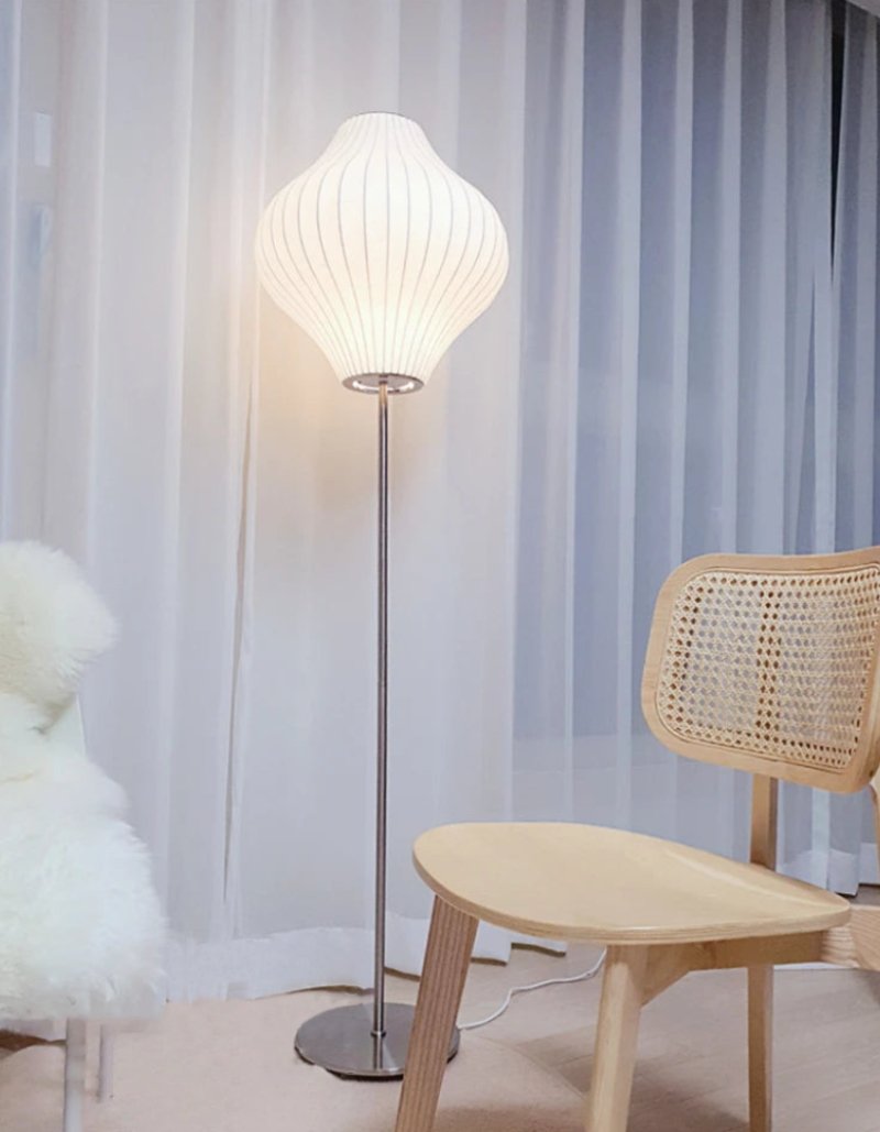 Lumina Spherical Floor Lamp – Handcrafted Silk Shade in Polished Chrome