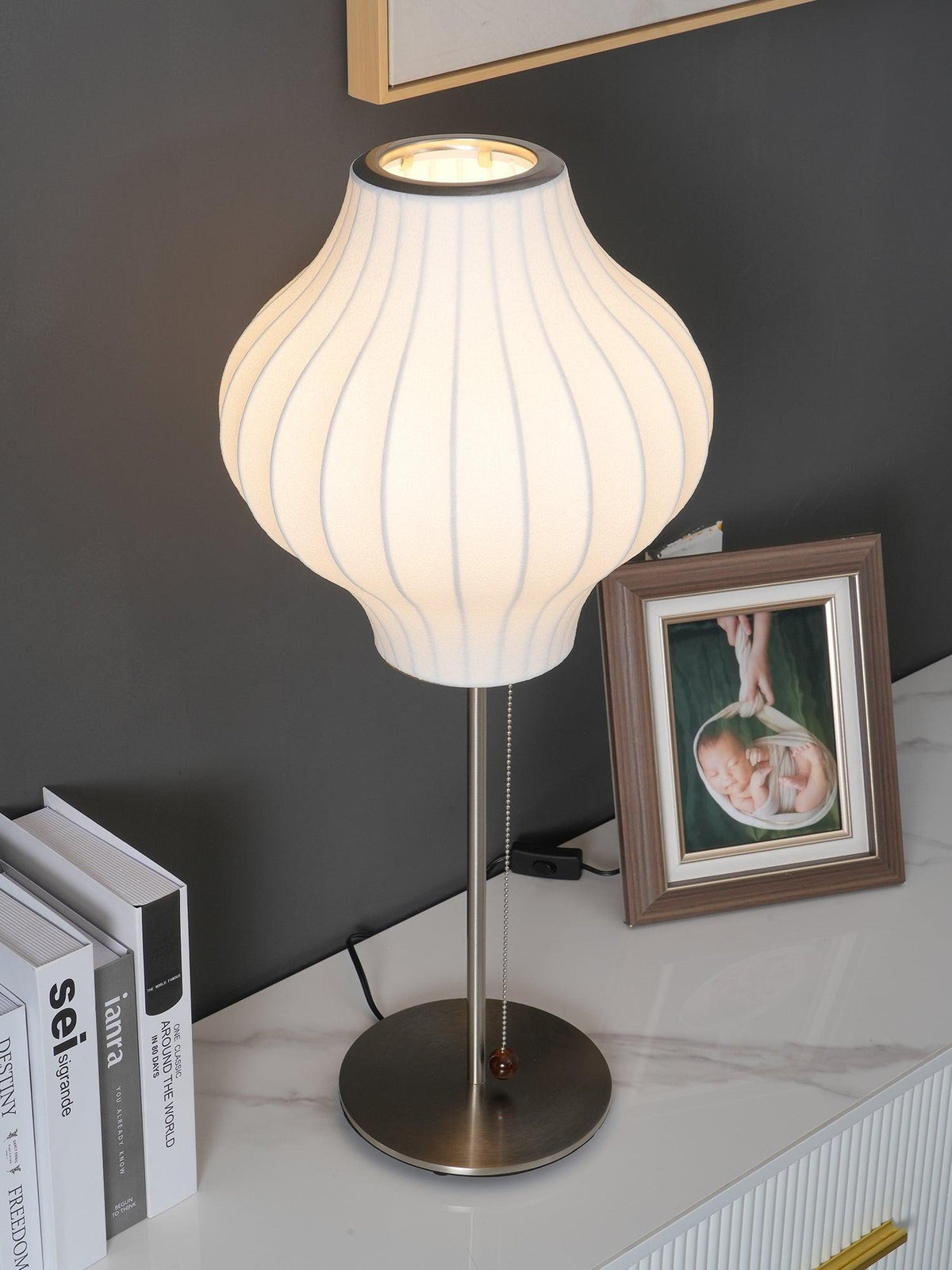 Faux Silk Bubble Table Lamp with Chrome Stem and Pull Chain