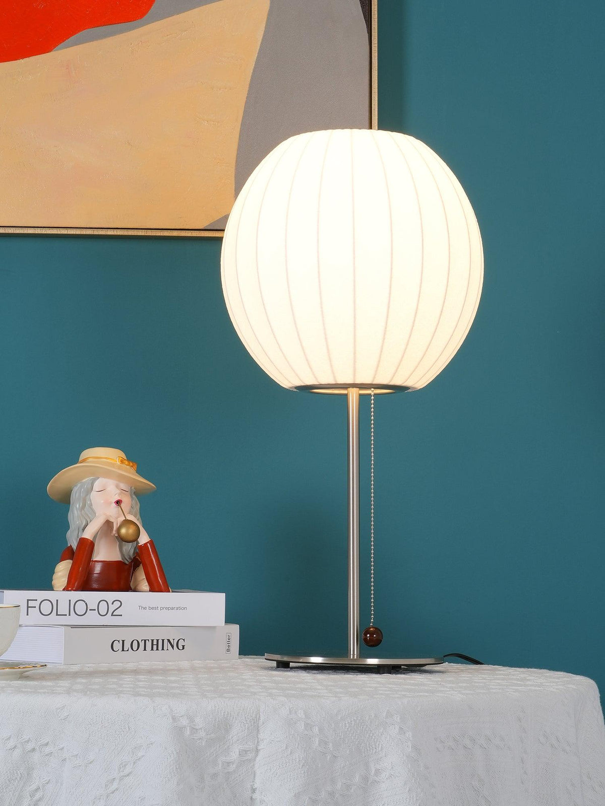 Faux Silk Bubble Table Lamp with Chrome Stem and Pull Chain