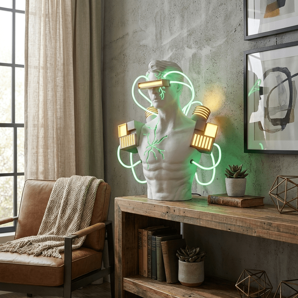 Neon Circuit Bust Sculpture Table Lamp – Classical Form with Cyber LED Accents