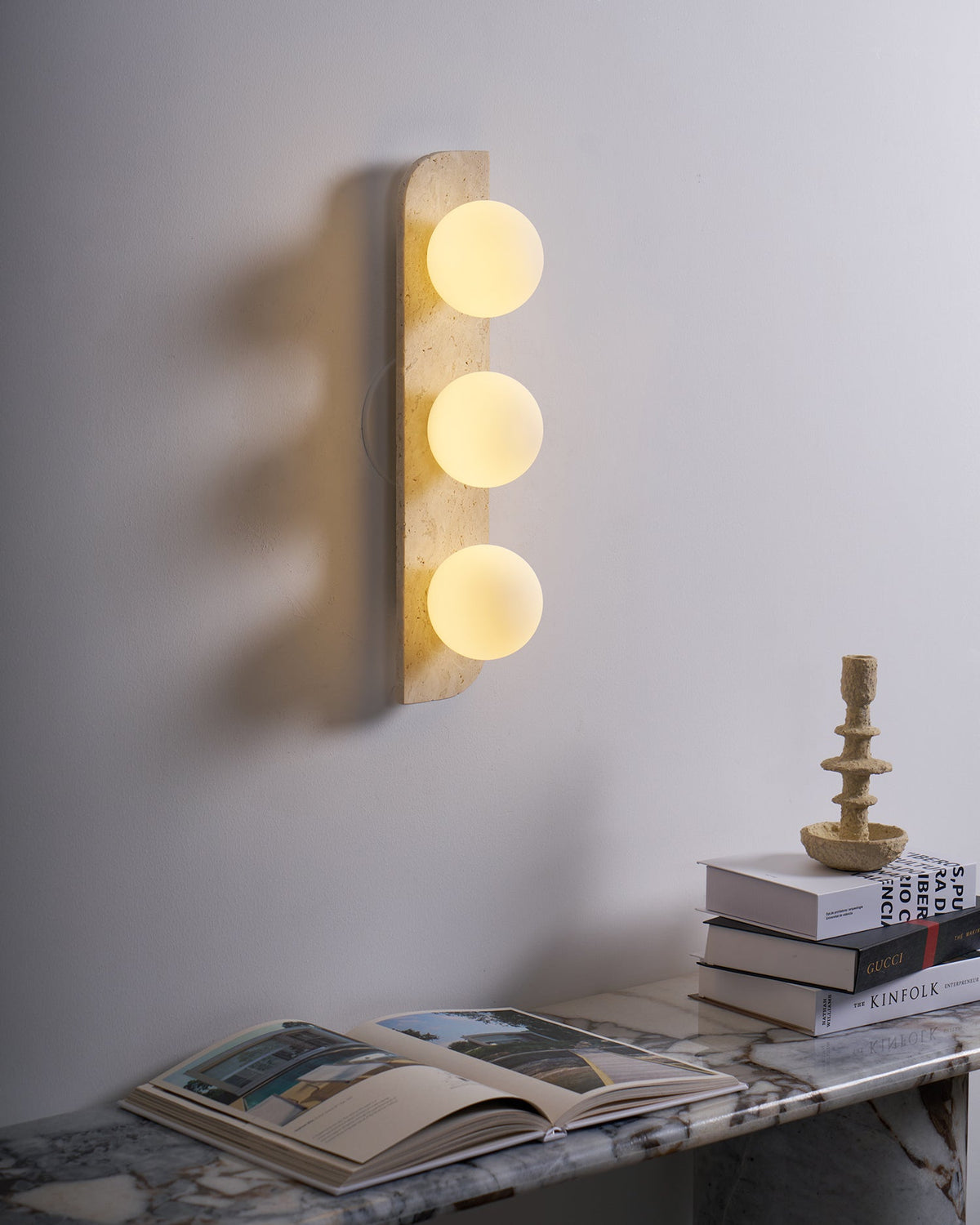 Elysian Travertine Wall Sconce with Glass Globes – Modern Natural Stone Lighting