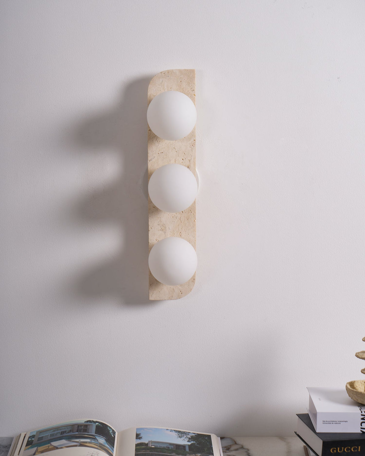 Elysian Travertine Wall Sconce with Glass Globes – Modern Natural Stone Lighting