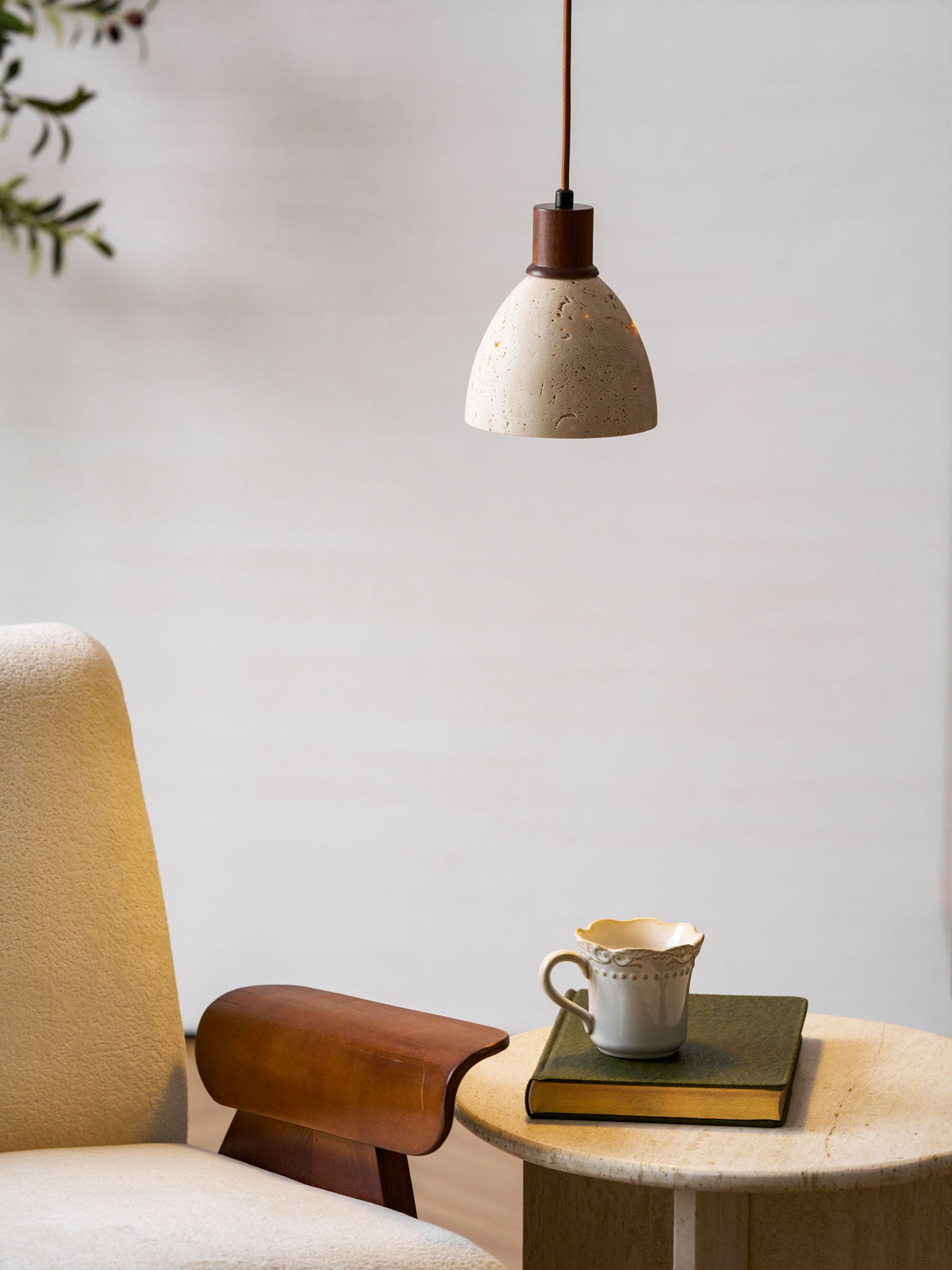 Nerio Pendant Light in Natural Travertine and Wood