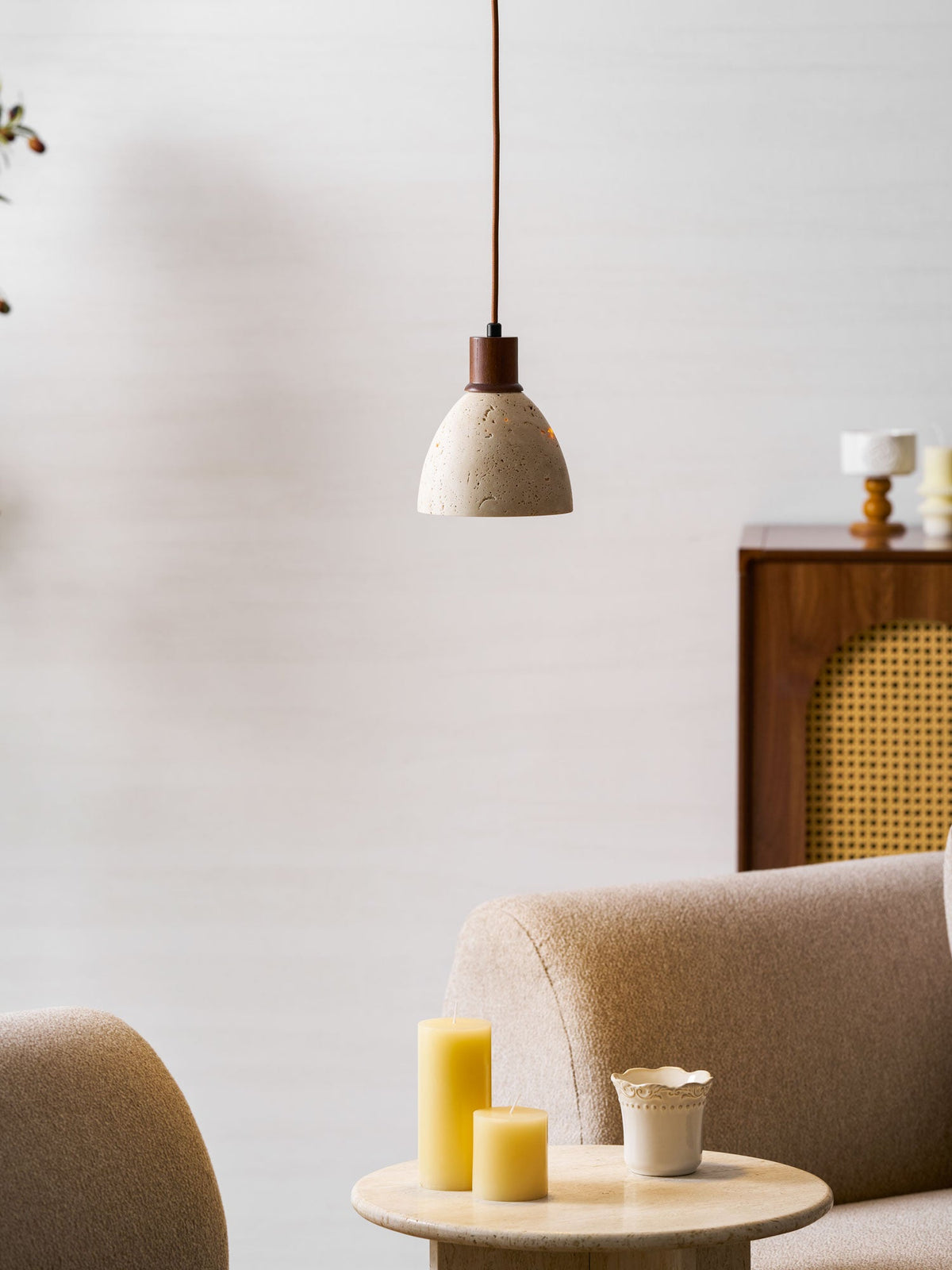 Nerio Pendant Light in Natural Travertine and Wood