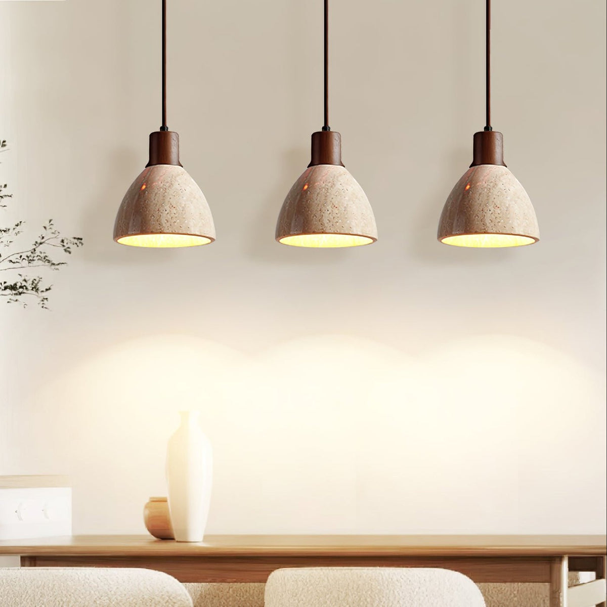 Nerio Pendant Light in Natural Travertine and Wood
