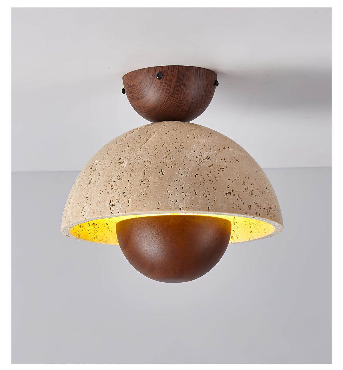 Nerio Travertine Dome Ceiling Light with Wooden Accent