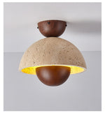 Nerio Travertine Dome Ceiling Light with Wooden Accent