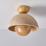 Nerio Travertine Dome Ceiling Light with Wooden Accent