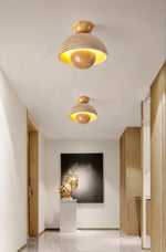Nerio Travertine Dome Ceiling Light with Wooden Accent