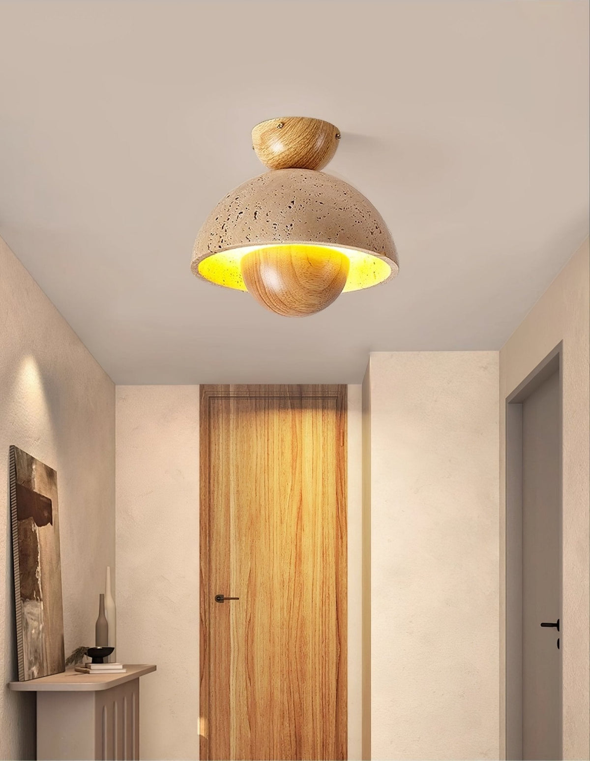 Nerio Travertine Dome Ceiling Light with Wooden Accent