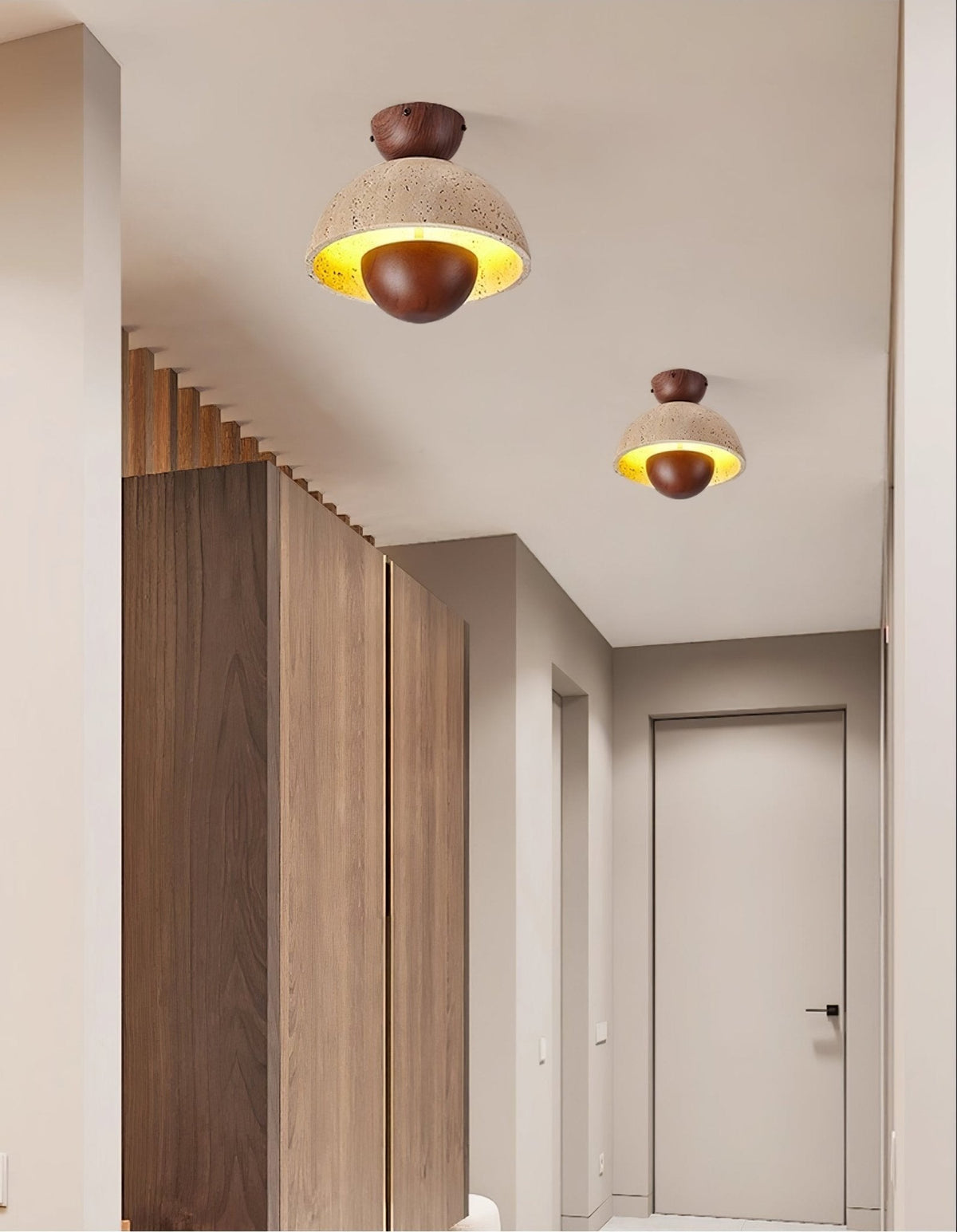 Nerio Travertine Dome Ceiling Light with Wooden Accent