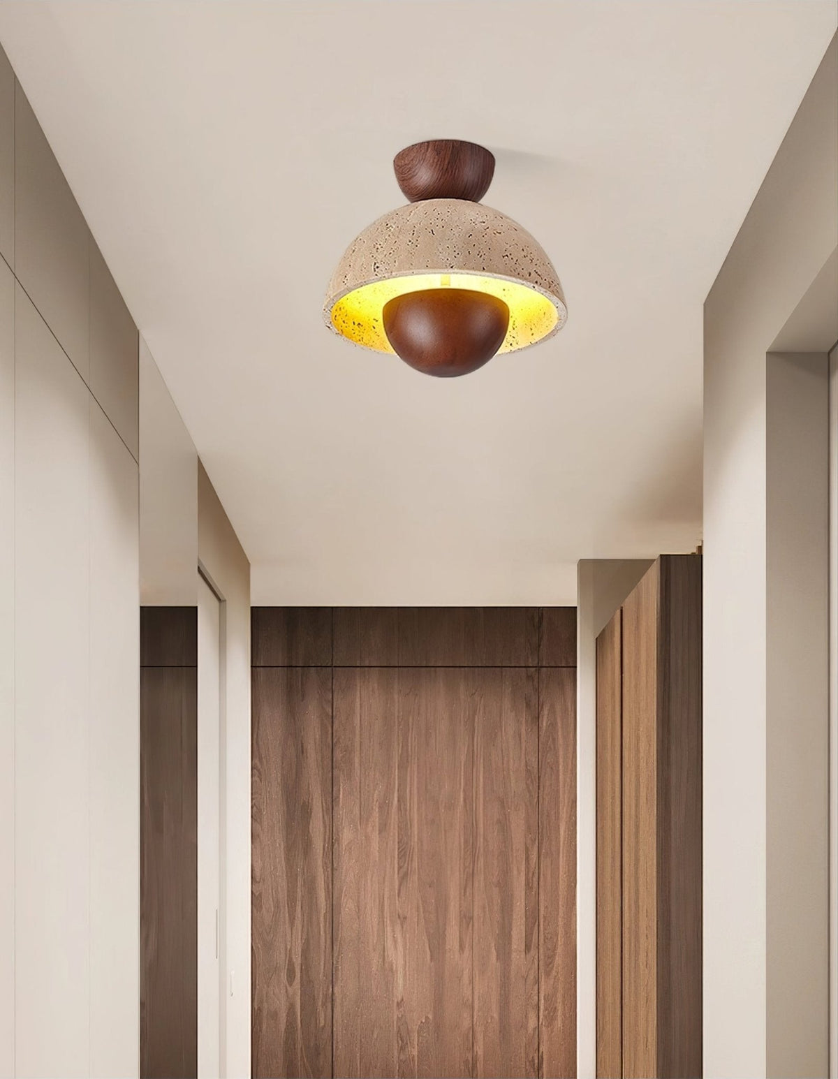 Nerio Travertine Dome Ceiling Light with Wooden Accent