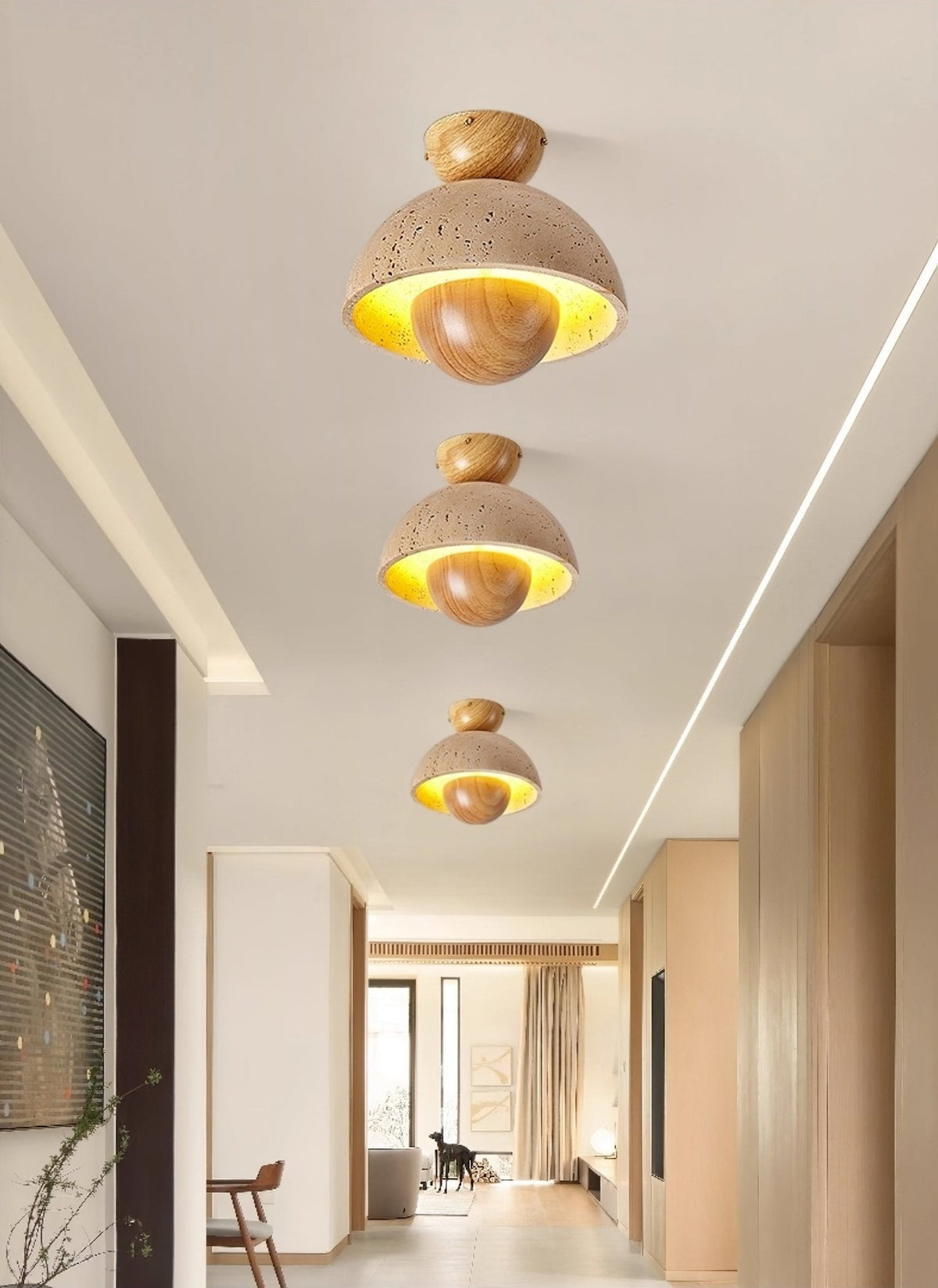 Nerio Travertine Dome Ceiling Light with Wooden Accent