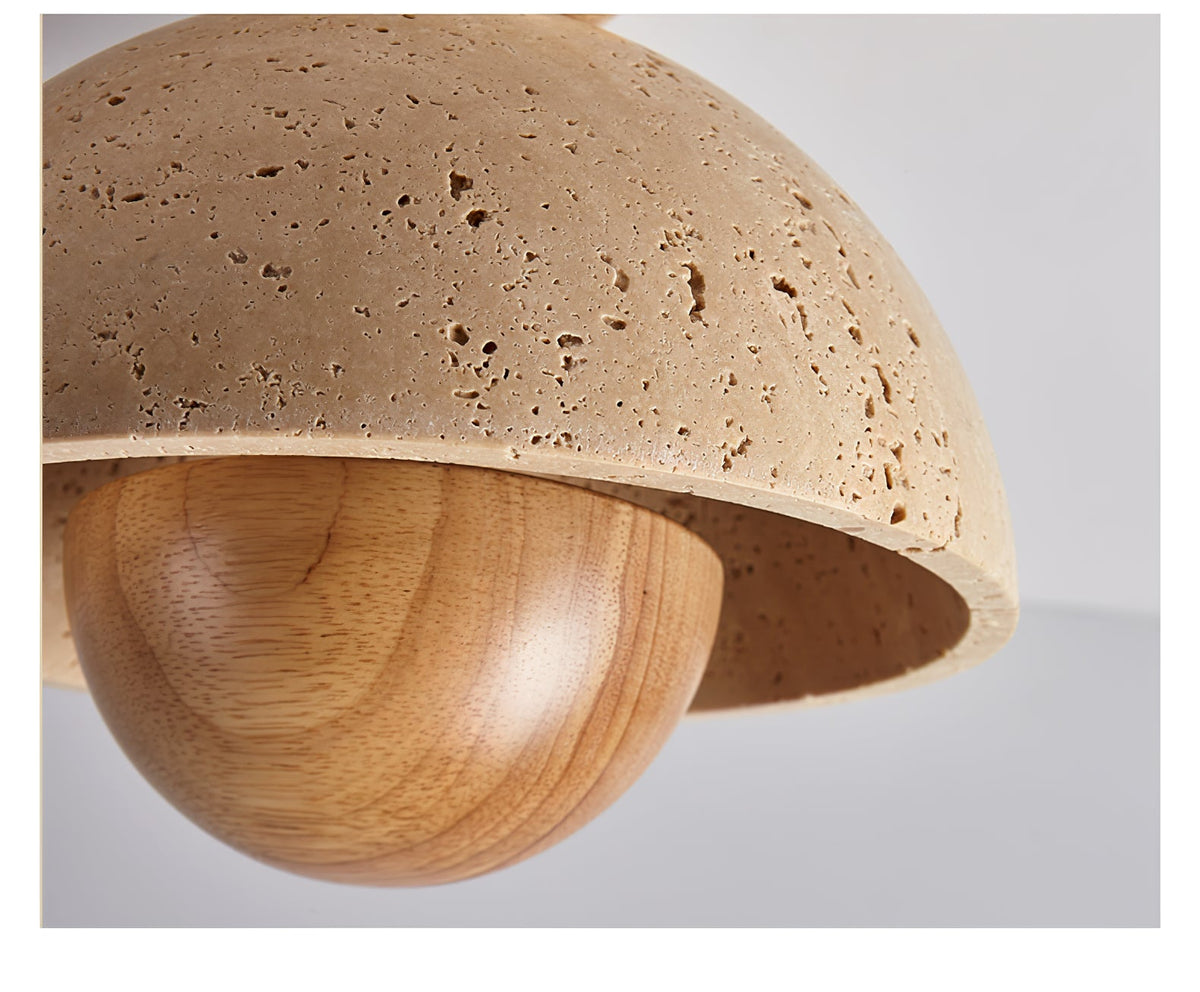 Nerio Travertine Dome Ceiling Light with Wooden Accent