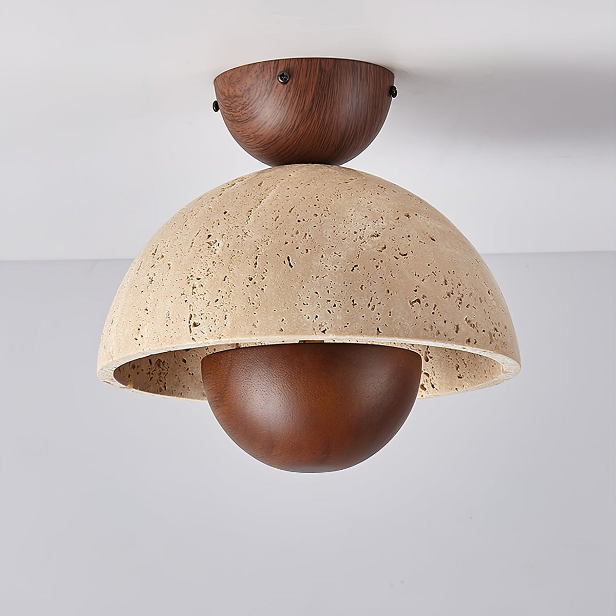 Nerio Travertine Dome Ceiling Light with Wooden Accent