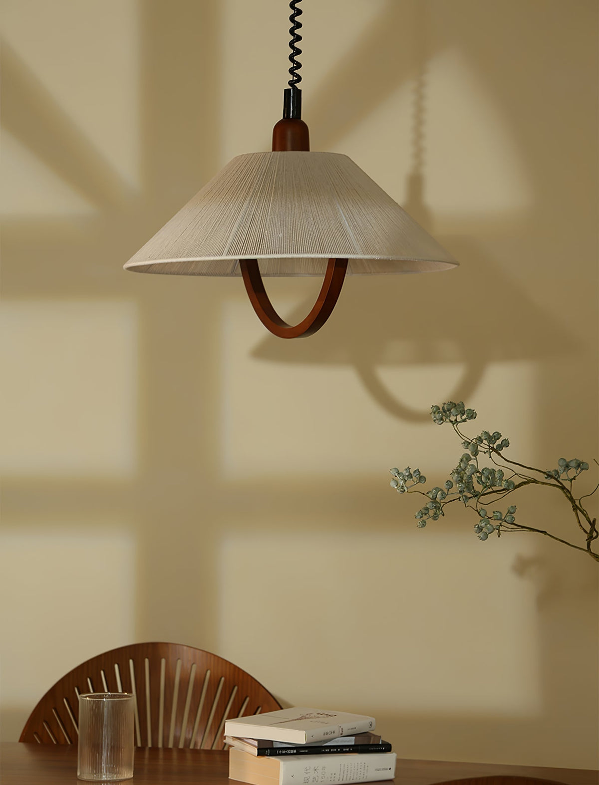 Nimbus Arc Pendant Light – Pleated Fabric Shade with Wood Accent