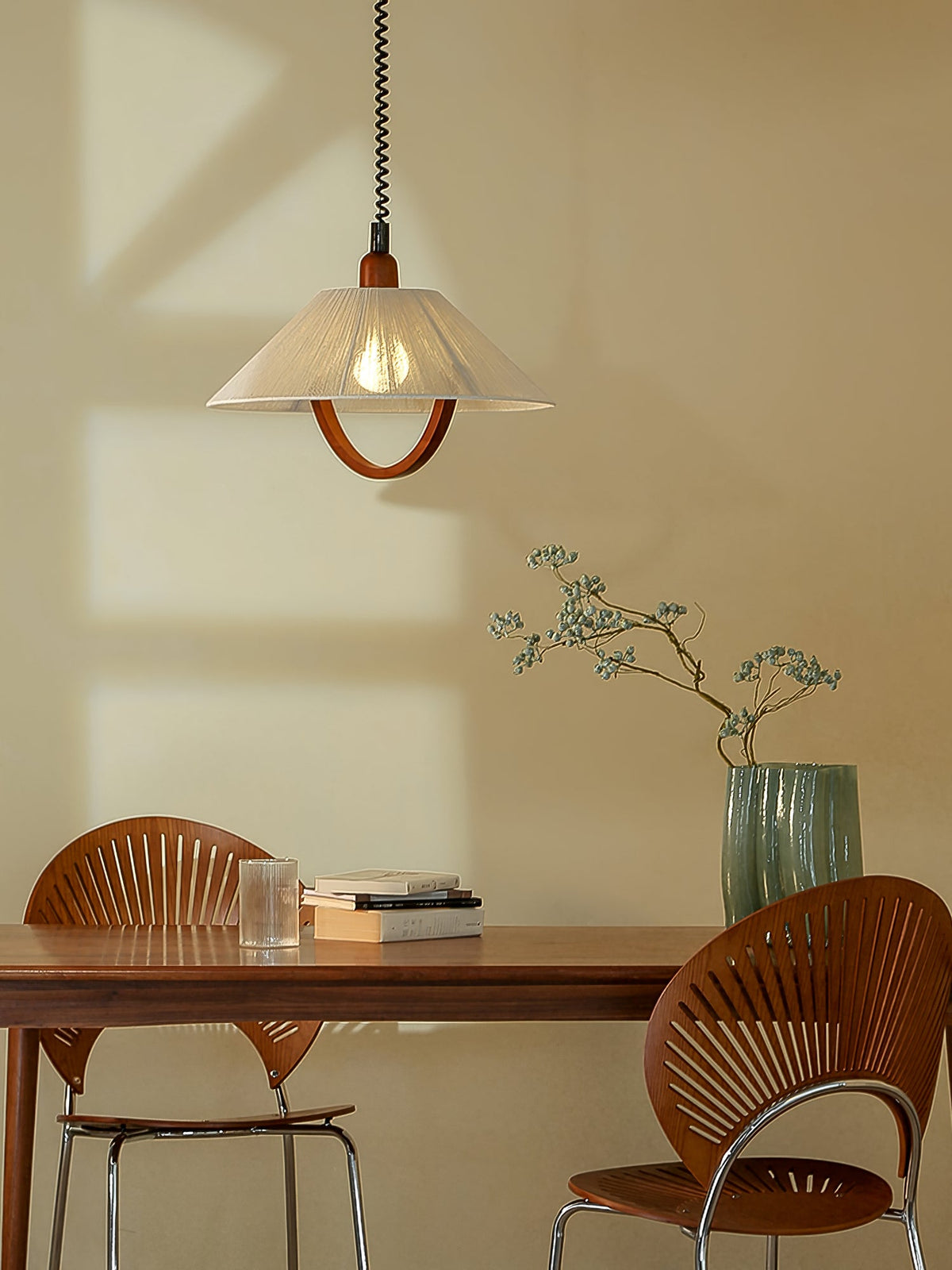 Nimbus Arc Pendant Light – Pleated Fabric Shade with Wood Accent