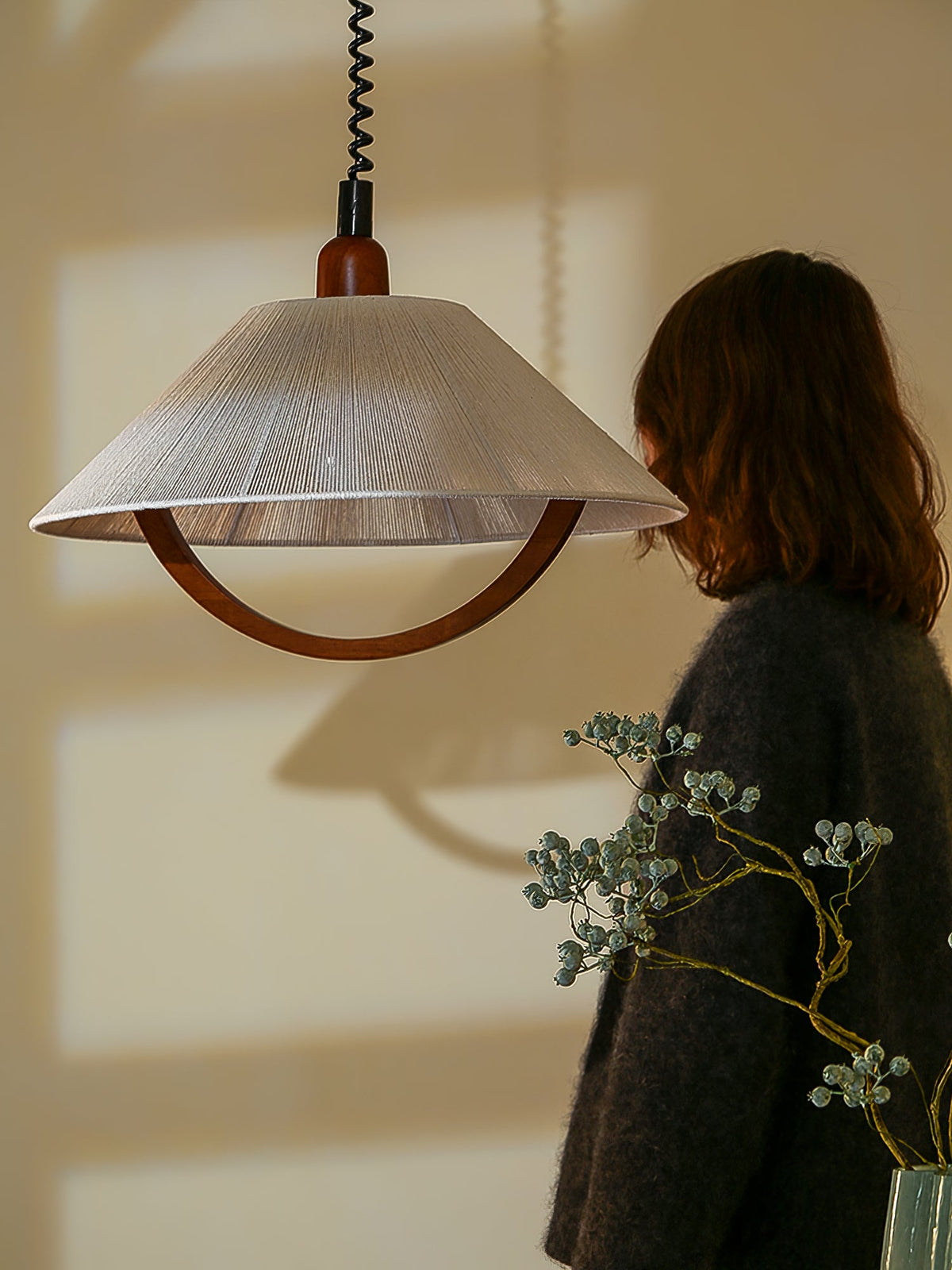 Nimbus Arc Pendant Light – Pleated Fabric Shade with Wood Accent