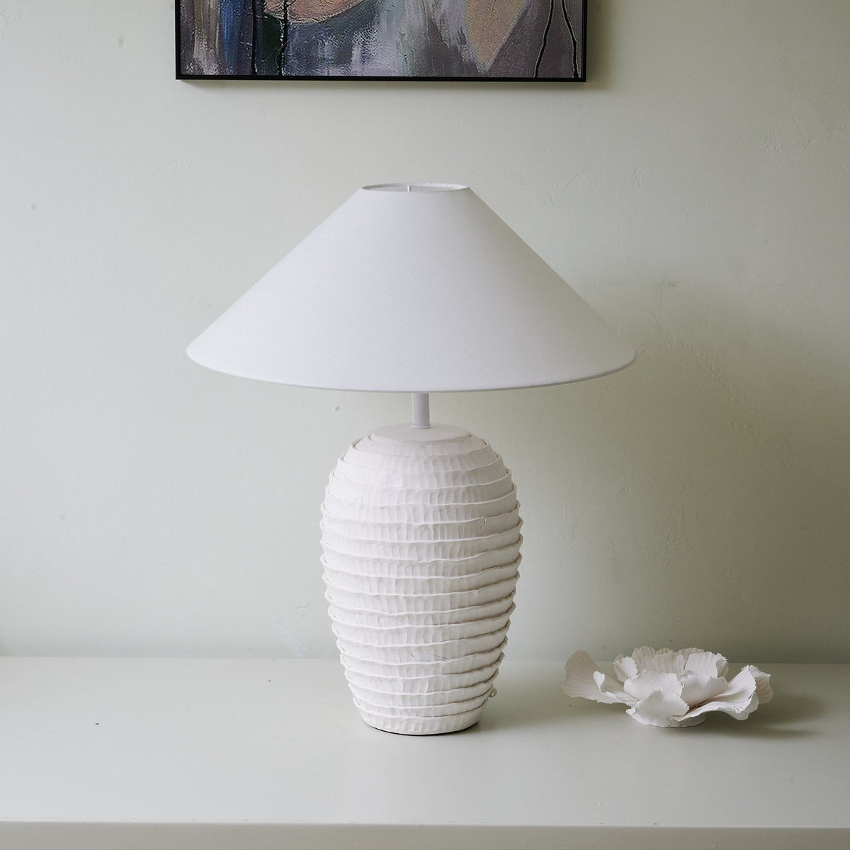 Nivara Ripple Ceramic Table Lamp with Linen Shade for Modern Interiors